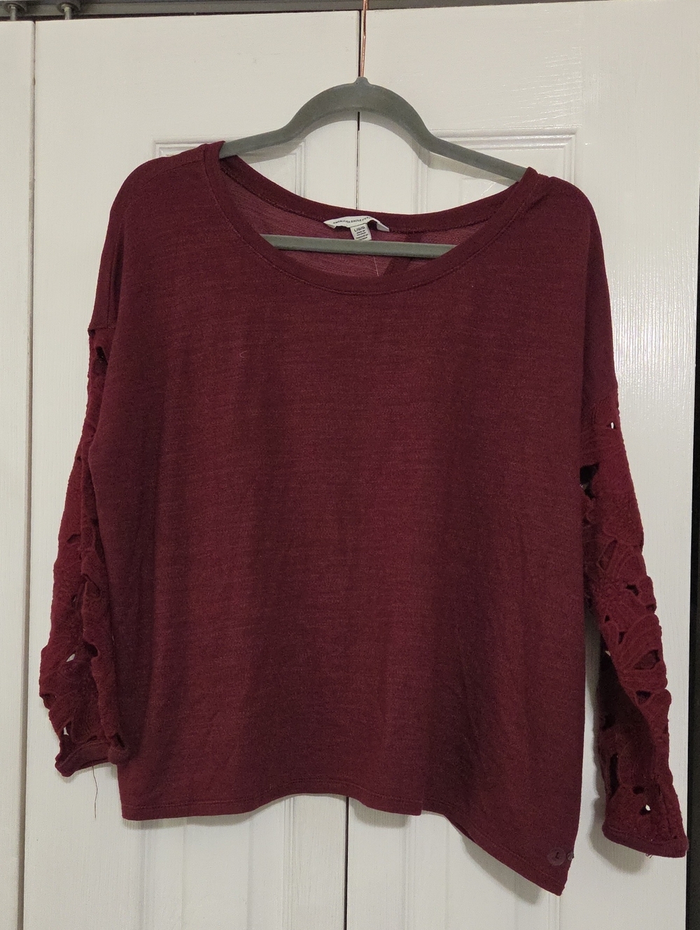 American Eagle Outfitters Maroon Crochet-Sleeve Knit Top